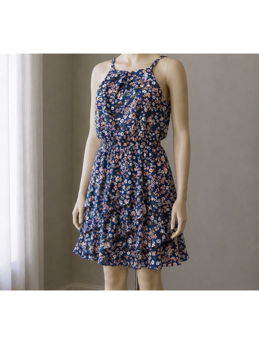 IZ Byer Women’s Large Blue Floral Ruffle Tiered Sleeveless Dress High Neck